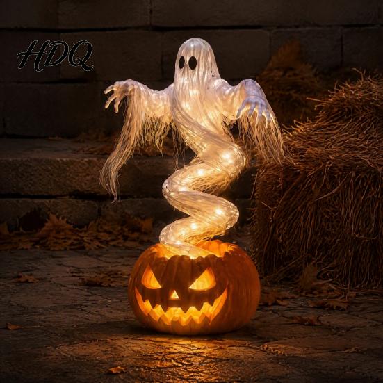 Spooky Ghost Pumpkin Lamps Halloween Swirling Yard Lamp, Lighted Outdoor Holiday Lawn Accents Statue, Warm LED Decoration for Porch Garden Decorative