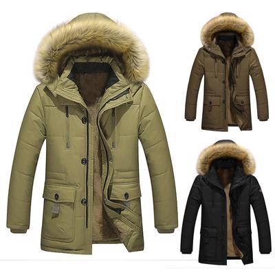 Men's  Winter Zipper Warm Down Jacket Hooded Plush Solid Color  Cotton Coat