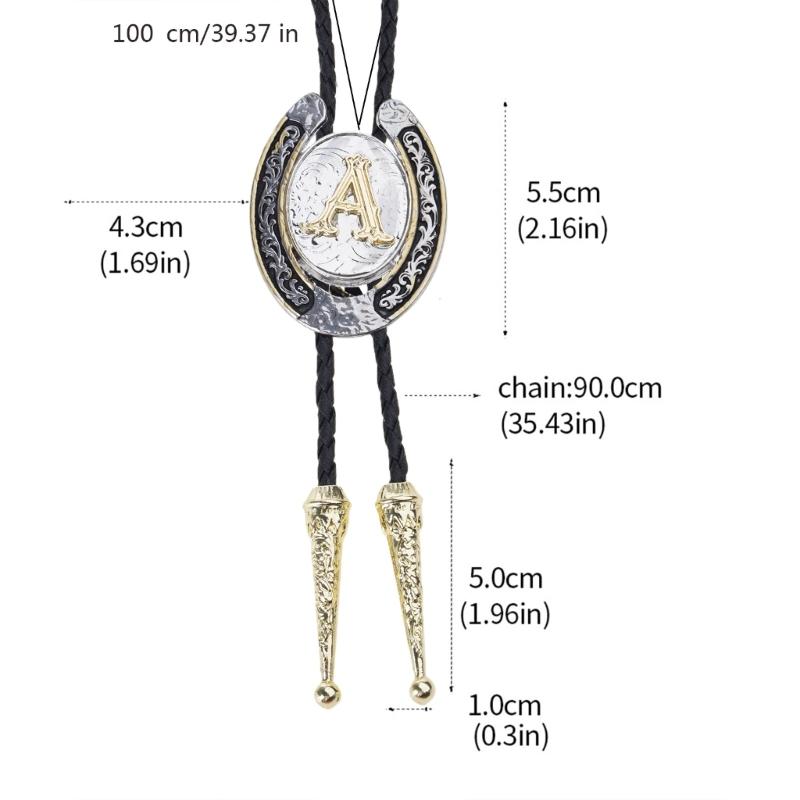 Unisex Adjustable Faux Leather Rope Bolo Tie with Metal Initial Letter Pendant Western Necklace Vintage Necktie Neckwear