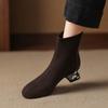 Krazing Pot Cow Suede Nubuck Winter Round Toe Chelsea Boots Med Heels Zipper Crystal Heels Women Ankle Boots