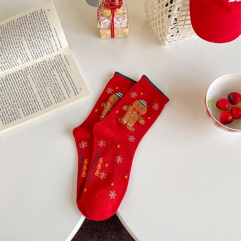 Festive Mid-Calf Cartoon Socks with Snowman & Santa Design for Autumn/Winter Holidays