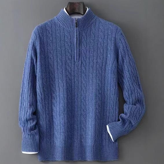 Herren Pullover 100% Reine Schurwolle mit halbem Reißverschluss und Zopfmuster - Pullover mit halbhohem Kragen