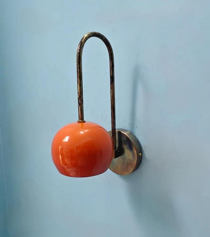 Mid-Century Modern Brass Wall Sconces: Orange Ball Accent, Handmade Pair