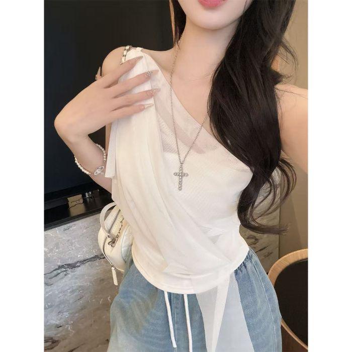 Summer new pure desire wind irregular slanted shoulder mesh sling vest women's design streamer slim top