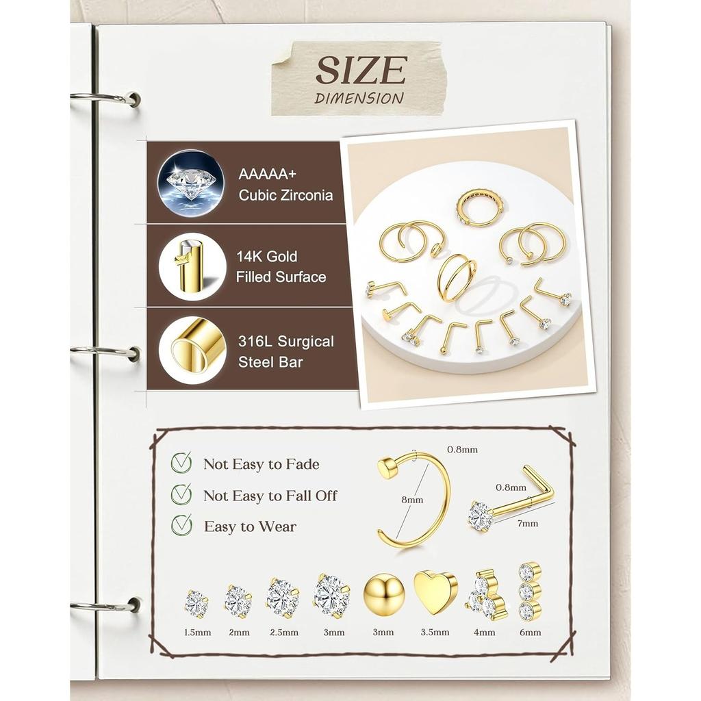 Bobisty 20G Nose Ring Thin Hypoallergenic Surgical Steel L-Shape Nose Stud Set Cubic Zirconia Nose Piercing Jewelry for Women