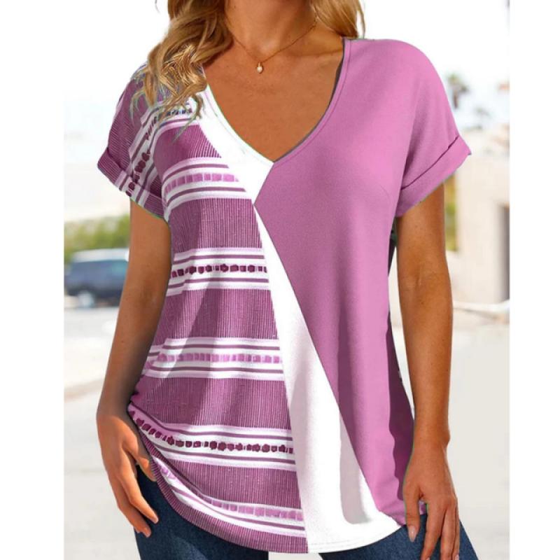 Sommer Damen T-Shirt Personalisiert Zweifarbiger Spleißdruck Wunderschöner V-Ausschnitt Kurzarm Street Trend Damen Gestreiftes T-Shirt