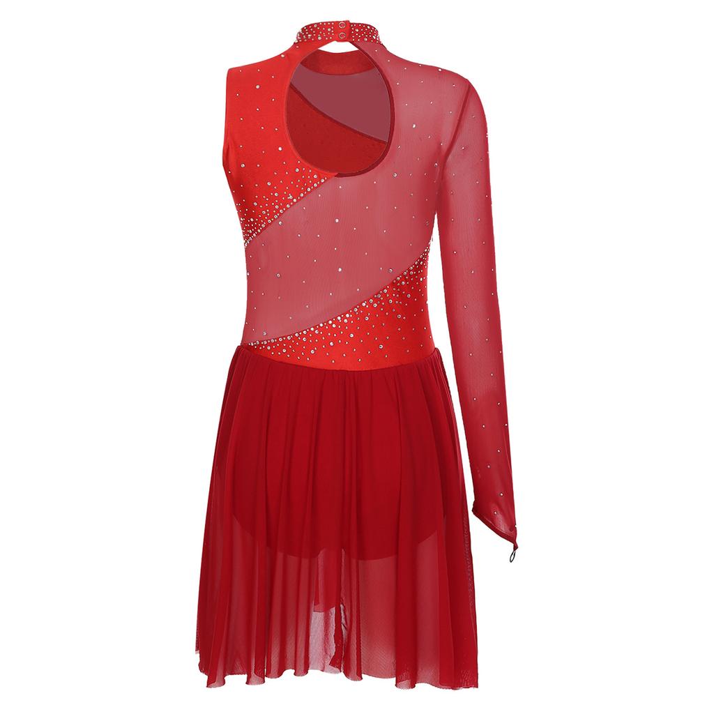 Womens Figure Skating Dance Leotard Single Sleeve Mock Neck Sparkle Rhinestone Ice Performance Wear