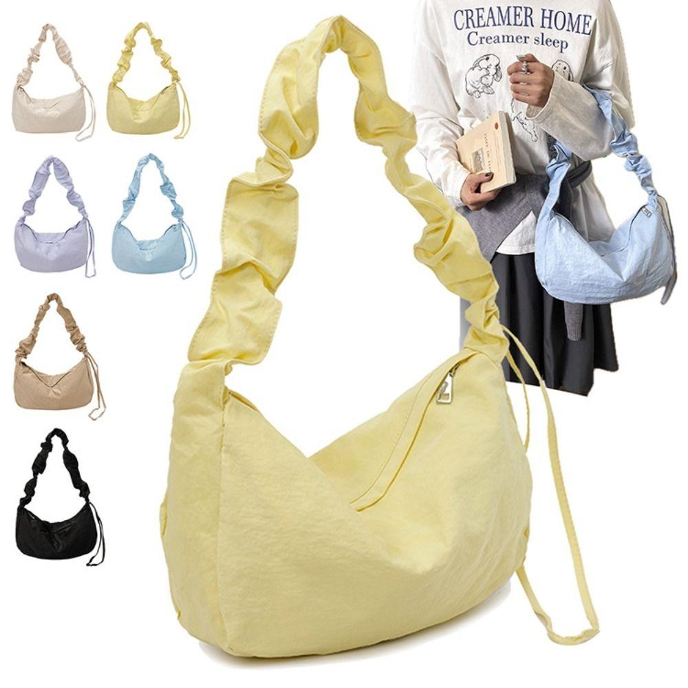 Solid Color Pleated Shoulder Bag Lightweight Canvas Dumpling Bag Nylon Crossbody Bag Ladies/Girls