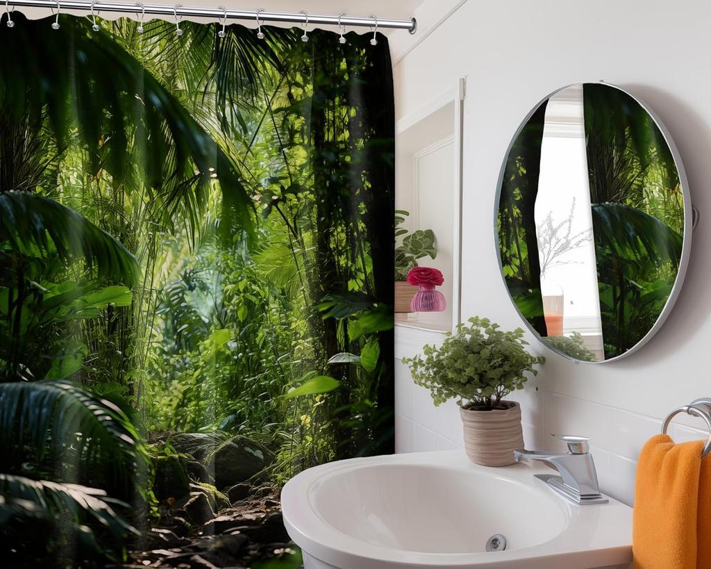 Jungle Shower Curtain Rainforest Tropical Nature Green Forest Scenic Bathroom Decor, Waterproof Cloth Fabric with Hooks 70" W x