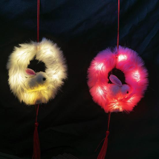 Chinese New Year Rabbit Lantern DIY Handheld Velvet Bunny Lantern for Mid-Autumn Spring Festival Decoration