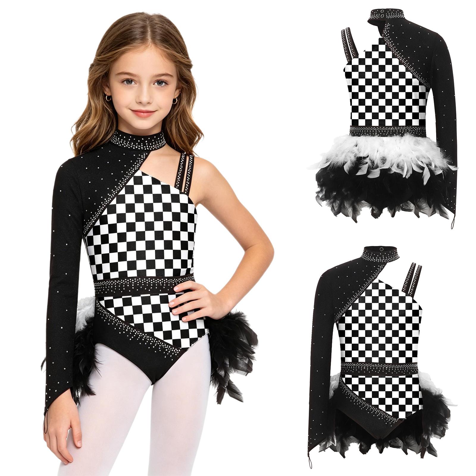 Tricou de dans cu imprimeu pentru fete, gât înalt, strasuri strălucitoare, mânecă asimetrică, decor cu pene contrastante, body pentru spectacol pe scenă 5-6 Years beige