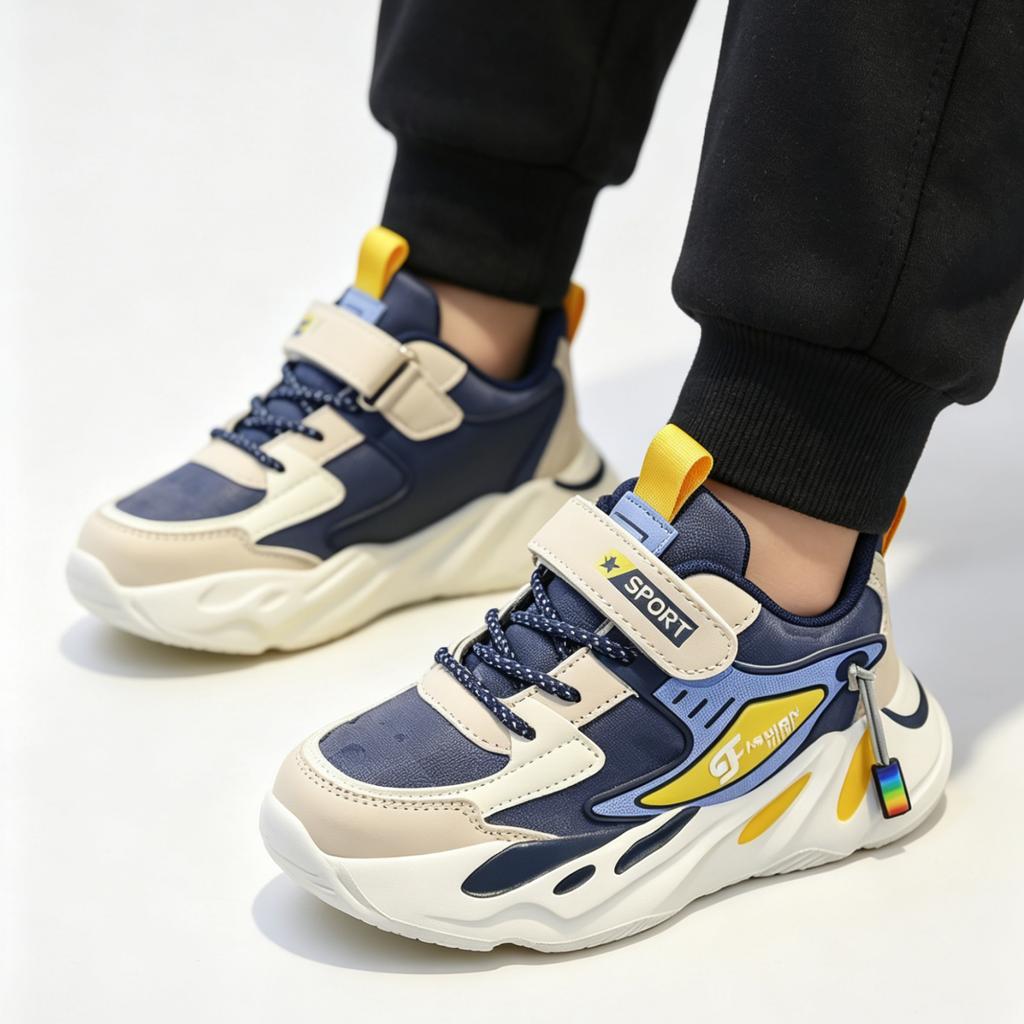 Children Running Shoes Double Leather Upper Lightweight Breathable Sport Sneakers with Hook and Loop Closure and Durable Outsole for Kids