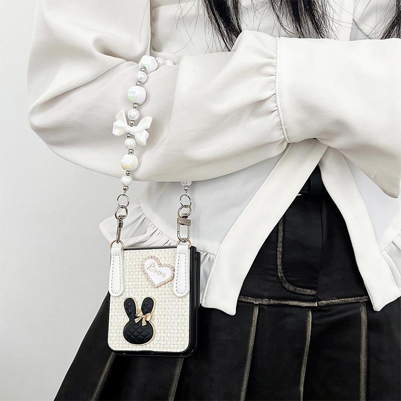 For Samsung Z Flip5 Flip Cover, ZFold4 Colorful Bead Handle Chain with Small Rabbit Heart Design