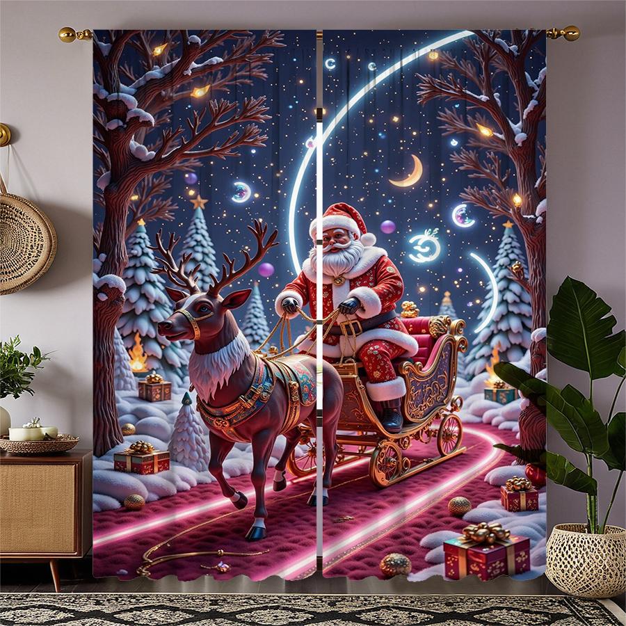

Set Of 2 Christmas Santa Claus Tree Pattern Printed Curtains Decorations Home Room Curtain Polyester Premium W100*H70(CM)-Hooks&2PCS
