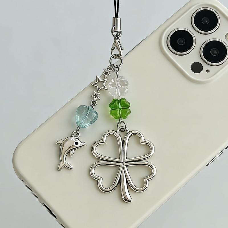 Large Four Leaf Clovers And Dolphin Charm Silver Alloy Keychain For Phone Bag Or Keys Keyring Decoration