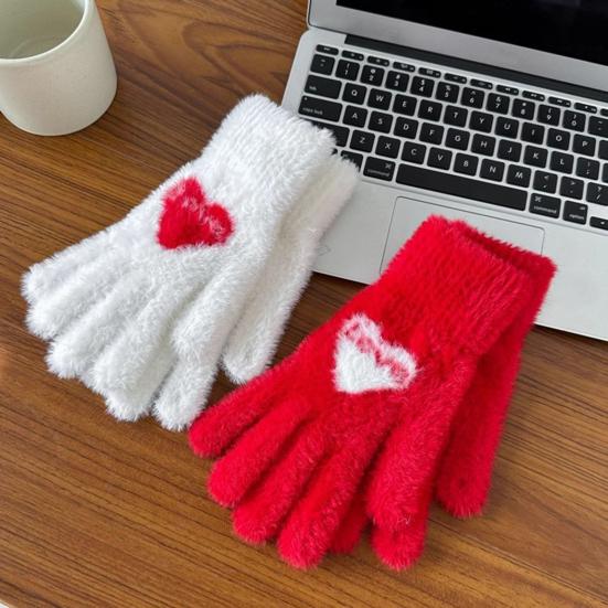 1 Pair Women Gloves Fingerless Red Heart Design Soft Fleece Lined Touchscreen Warm Mittens Valentine Day New Year Accessories