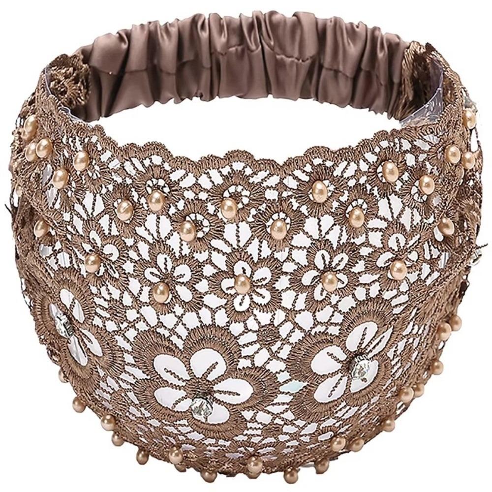 

Hollow Pattern Plum Blossom Headband Crystal Pearl Wide Headbands Baotou Hat Women Khaki -2