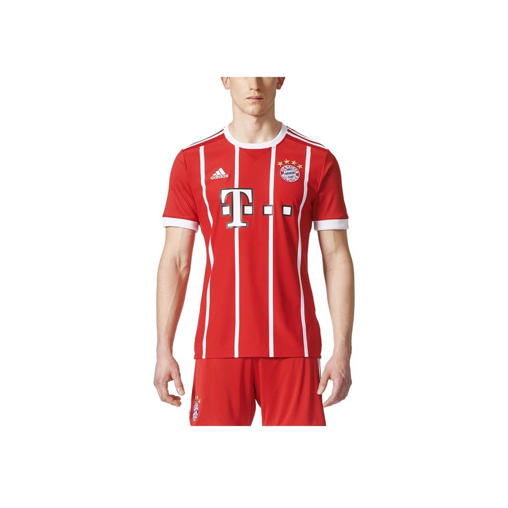 Adidas Bayern Munich 17-18 Home Game Replica Striped Round Neck Straight Cut Short Sleeve Soccer Jersey Men Tops Red AZ7961