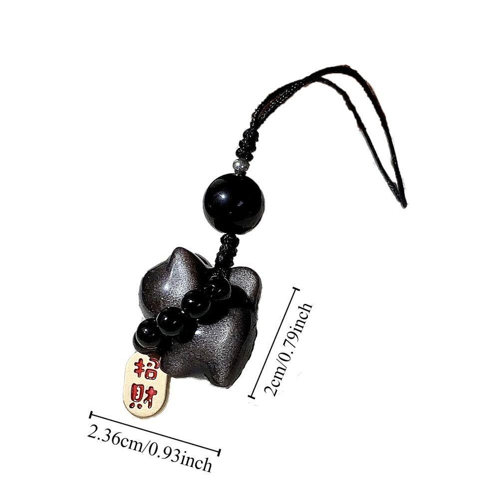 Bag Charms Lucky Cat Keychain Silver Obsidian Cat Car Key Ring Braid Rope Pendant  Couple