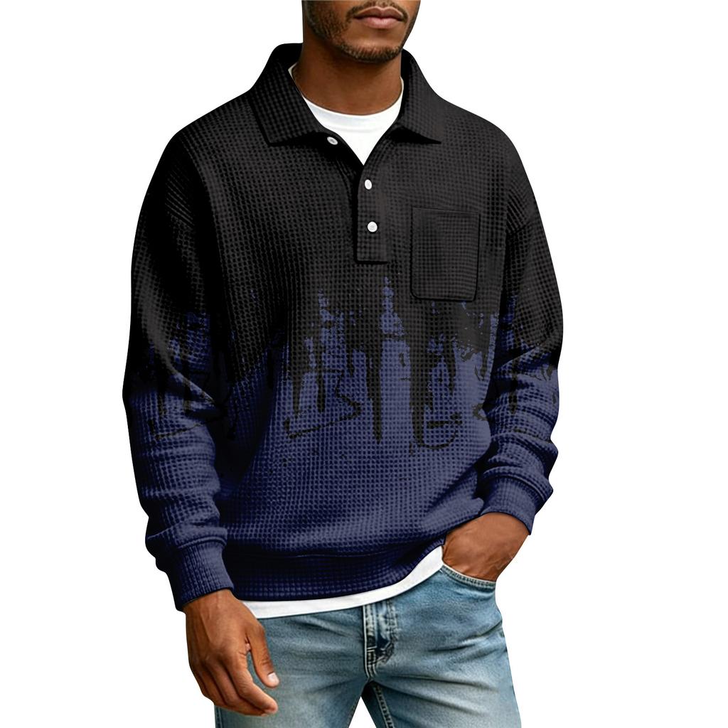 Men's Lapel Printed Single Breasted Pocket Long Sleeve Casual Sports T-Shirt