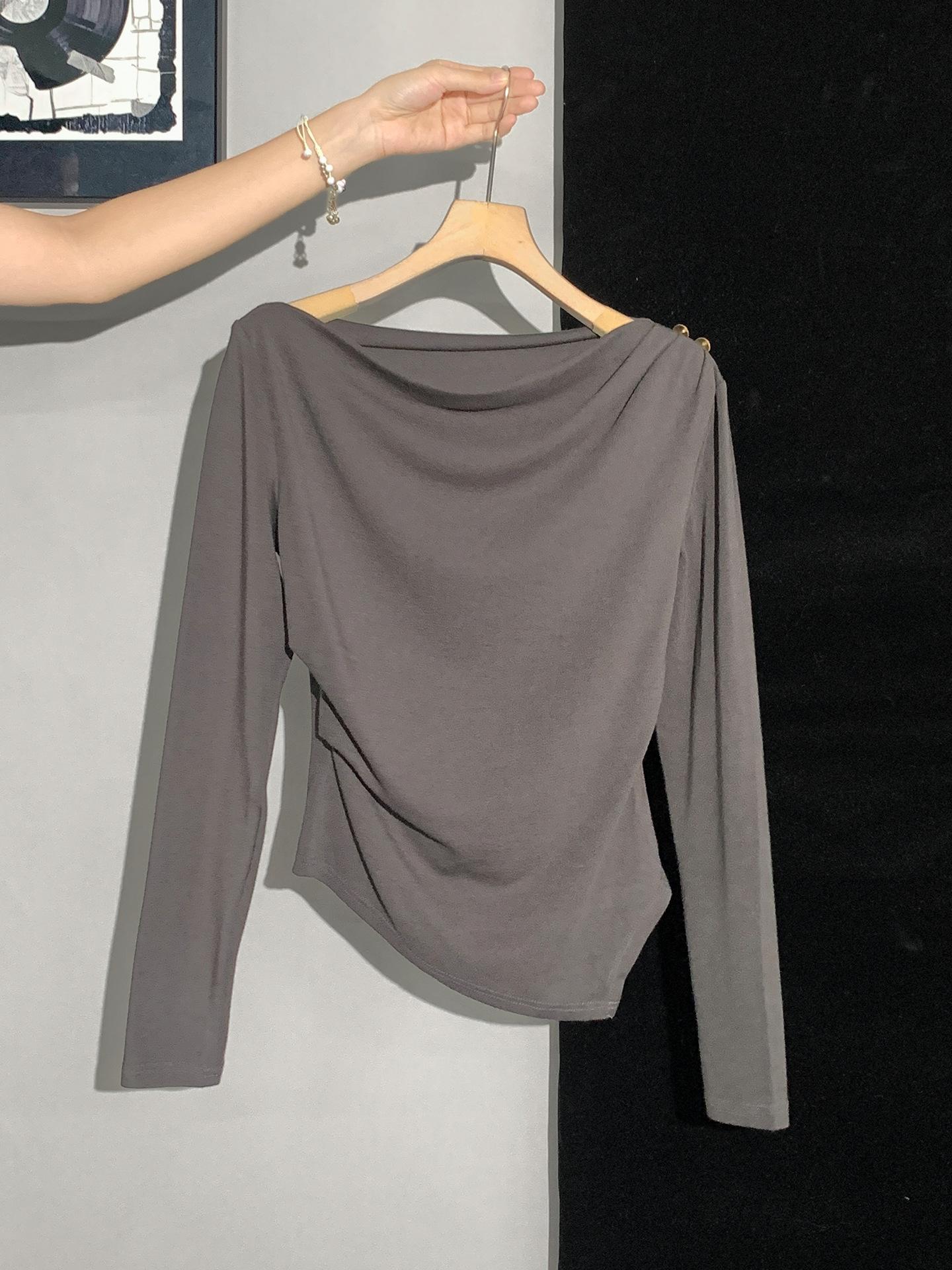 

Gray one-word neck off-the-shoulder long-sleeved T-shirt for early autumn wear, pleated waist bottoming shirt, top inside, women s clothing S серый