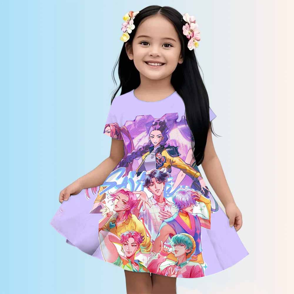 Girl Dress KPop Demon Hunters Summer 2025 Mini Short sleeved Dress Princess 3D Printed Cute Children's Clothing Party Top