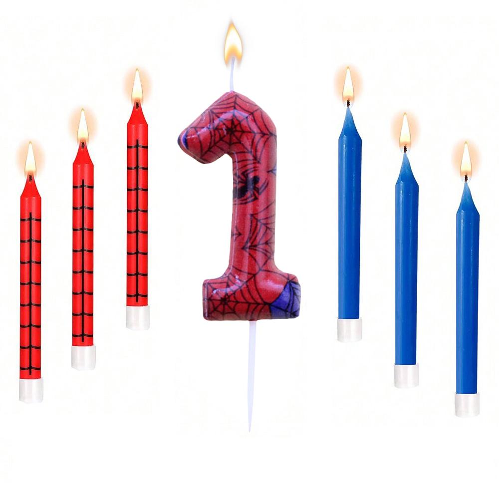 7pcs Red Blue Spider 8th Birthday Number Candles, Number 0-9 Candle Cake Topper Decorations for Spider Cartoon Themed Parties