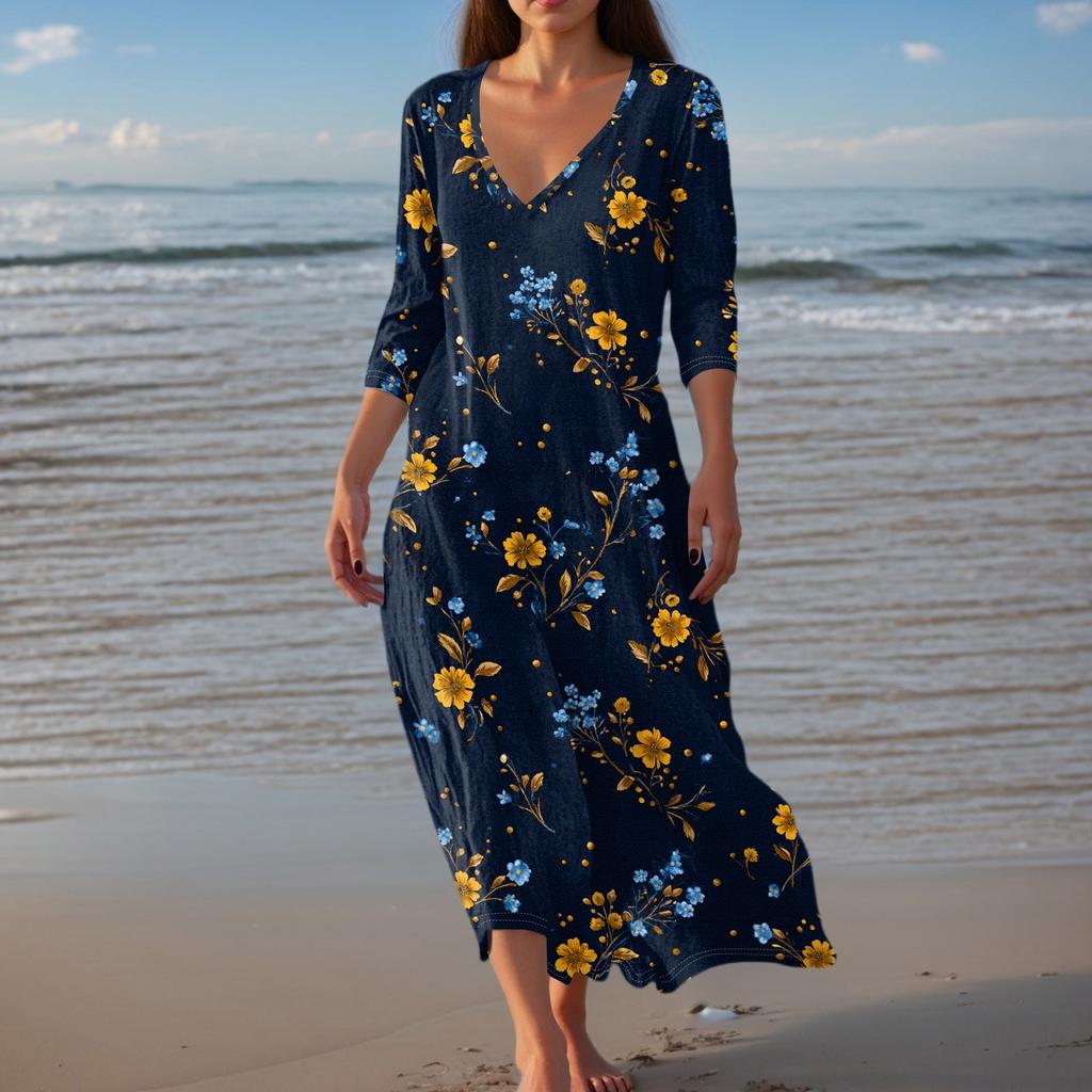 Damska Sukienka Midi z Tuniką w Stylu Vintage z Nadrukiem, Talia, Letnia Casualowa Sukienka z Rękawem 3/4 Sukienka