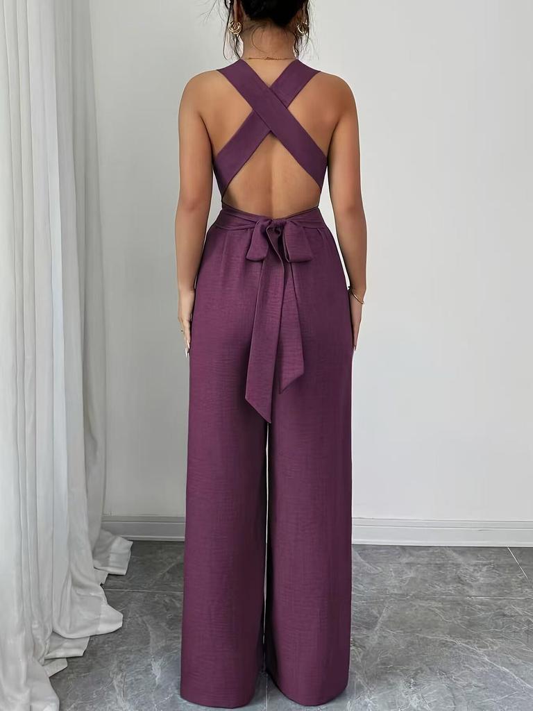 European Women's 2025 V-Neck Backless Cross-Waist Wide-Leg Jumpsuit