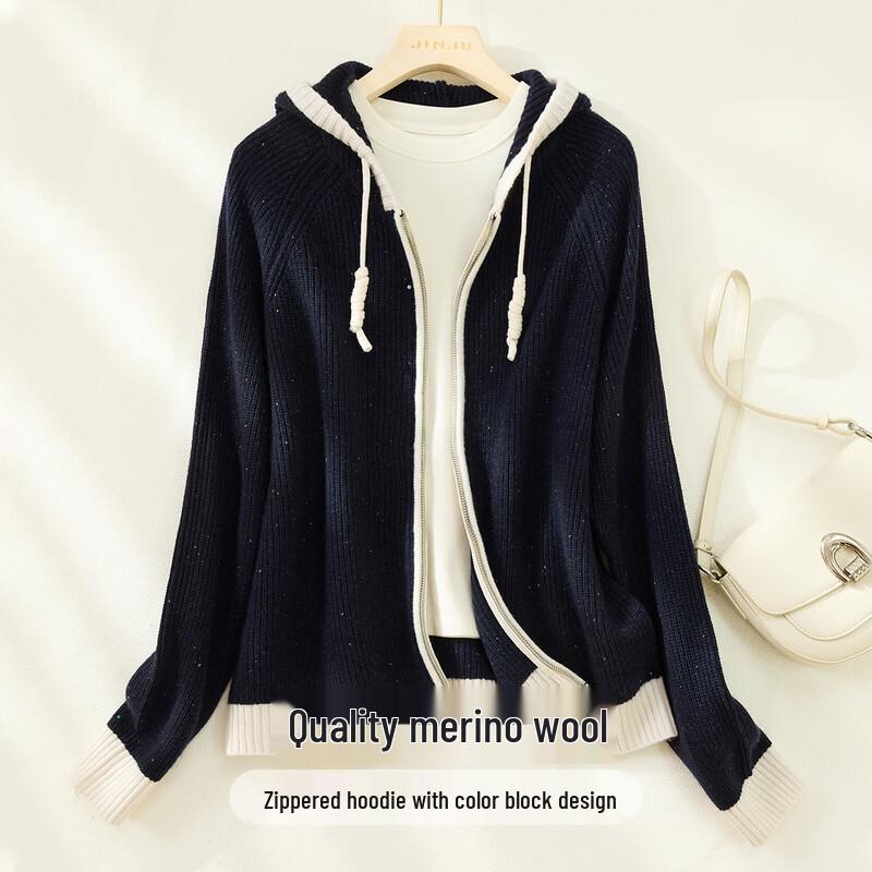 Women s 2026 Early Spring Merino Wool Color Block Hooded Zipper Cardigan One Size