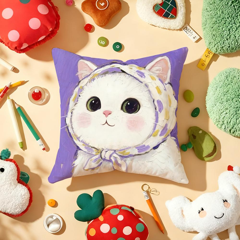 Art Cat Cute Cushion Cover Plush Fabric Soft Double-Sided Printed Sofa Warm Winter Home Child Gift Pillow Case