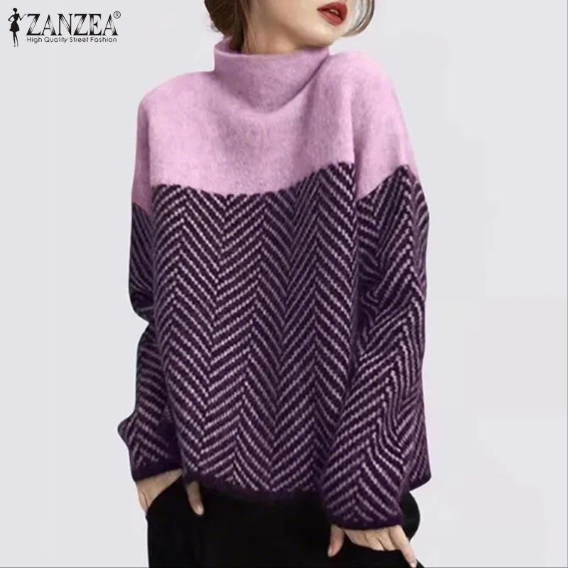 ZANZEA Femei Casual Gât Înalt Mânecă Lungă Larg Imprimeu Patchwork Tricou Topuri