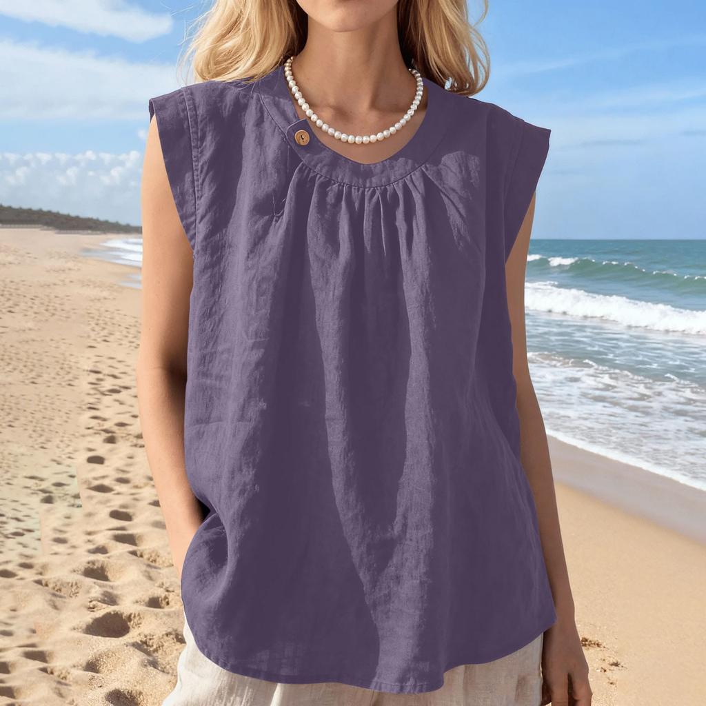 Sleeveless Loose Fit Linen Blouse for Women Casual Round Neck Solid Lightweight Summer Top Shirt