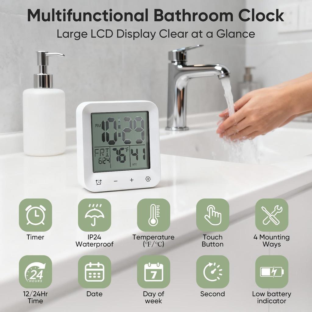Bathroom Waterproof Shower Timer 12/24-hour Time Clock Date Week Digital Temperature Display LCD Display Screen Wall Clock Timer