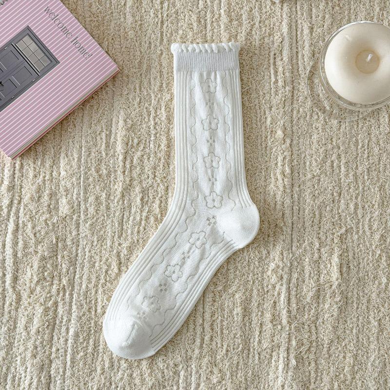 Spring/Summer Lightweight Children's Lace-Free Breathable Ear-Notched Padded Stockings with Bubble Edges and Lace Mid-Calf Length Socks