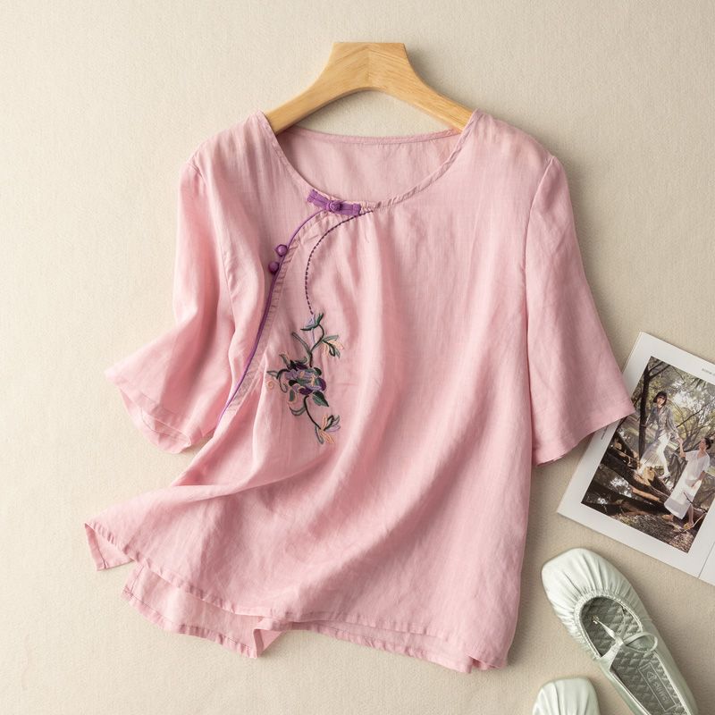 Short-sleeved Shirt for Women with Loose Embroidery Loose Retro Cotton Linen Shirt Top for Women with Oblique Plaque Buttons for Summer New Style