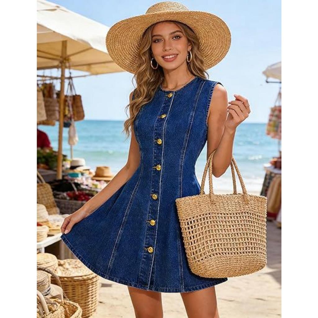 Neues ärmelloses gewaschenes Denim-Kleid für Damen, schmal geschnittenes Hemdblusenkleid mit Taschen, lässiges Freizeitkleid im europäischen amerikanischen Stil