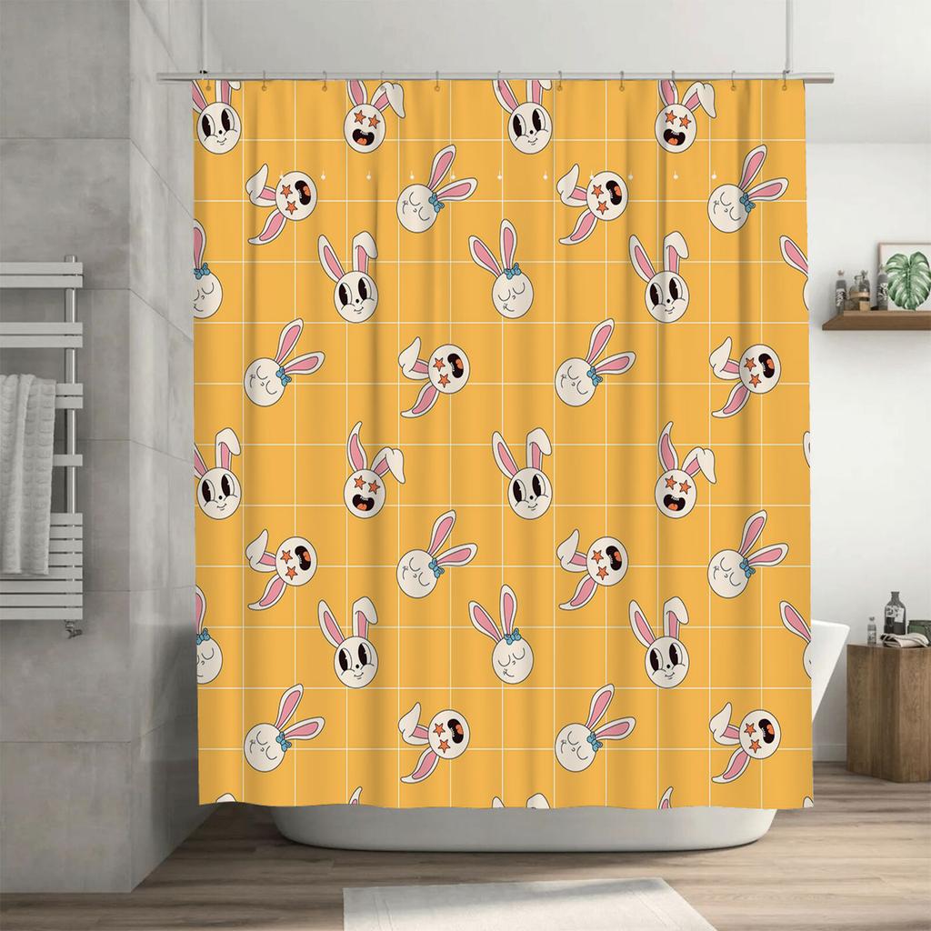 Charming Bunny Print Shower Curtain Bright Yellow Color with White Bathtub Background for Bathroom Decor Size180cm X 180cm (72x7