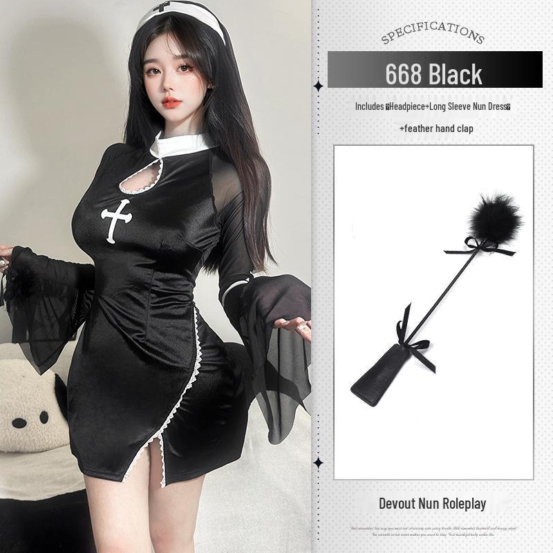 Xianyi Dark Sexy Halloween Nun Cosplay Bodycon Slit Lingerie for Women 668