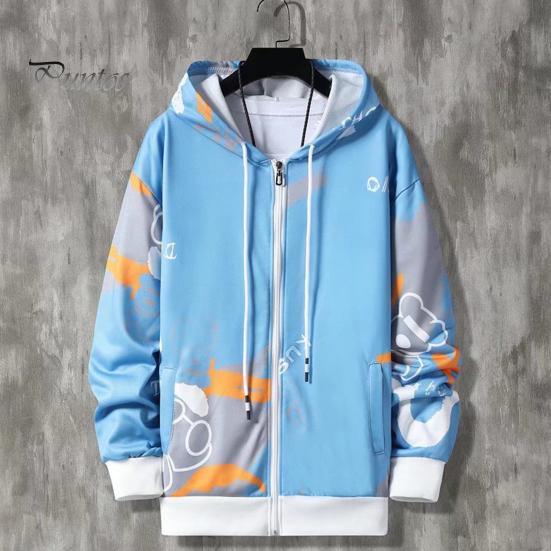 2 Pcs/Set Men Coat Pants Suit Hooded Letter Print Drawstring Zipper Closure Loose Elastic Waist Hip Hop Ankle-banded Men Sportwear