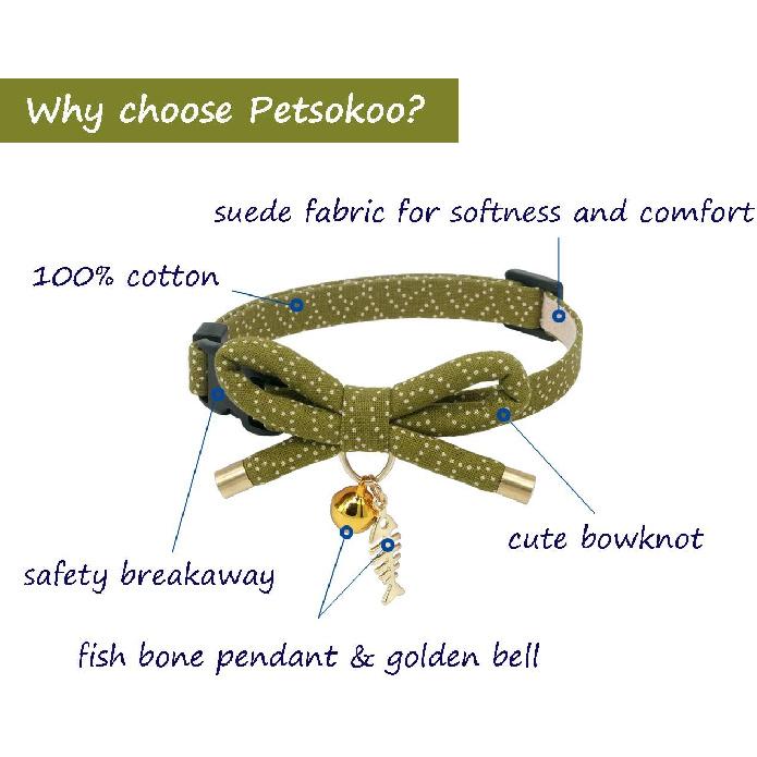 PetSoKoo Cute Bowtie Cat Collar with Bell. Japanese Stylish Bowknot & Fish Charm. Safety Breakaway, Soft, Lightweight, for Girl Boy Male Female Cats
