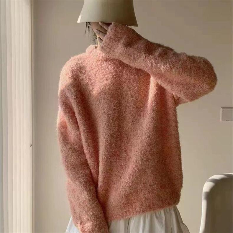

Круглый вырез однотонный пуловер свитер женский осенне-зимний новый свободный ленивый ветер вязаный свитер One size розовый