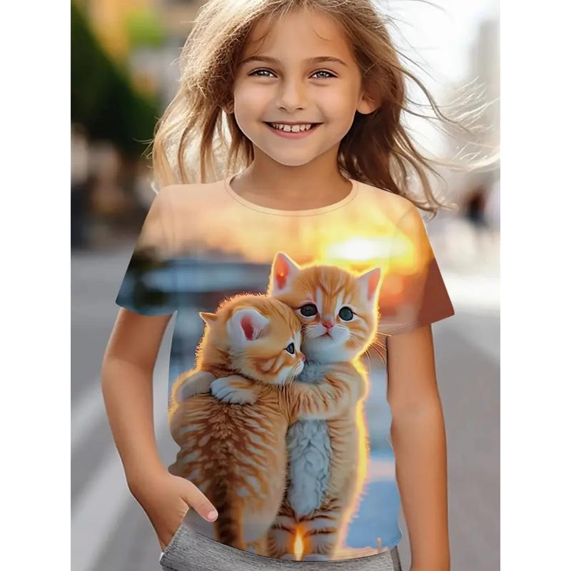 Flickkläder Kawaii Kattmönster Tryck Sommar Kortärmade Toppar Casual Mode T-shirt Utomhus Lättvikt Barnkläder