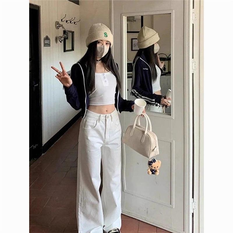 Women's High Waist White Retro Straight-Leg Jeans - Slimming, Versatile, Wide-Leg, Long Pants