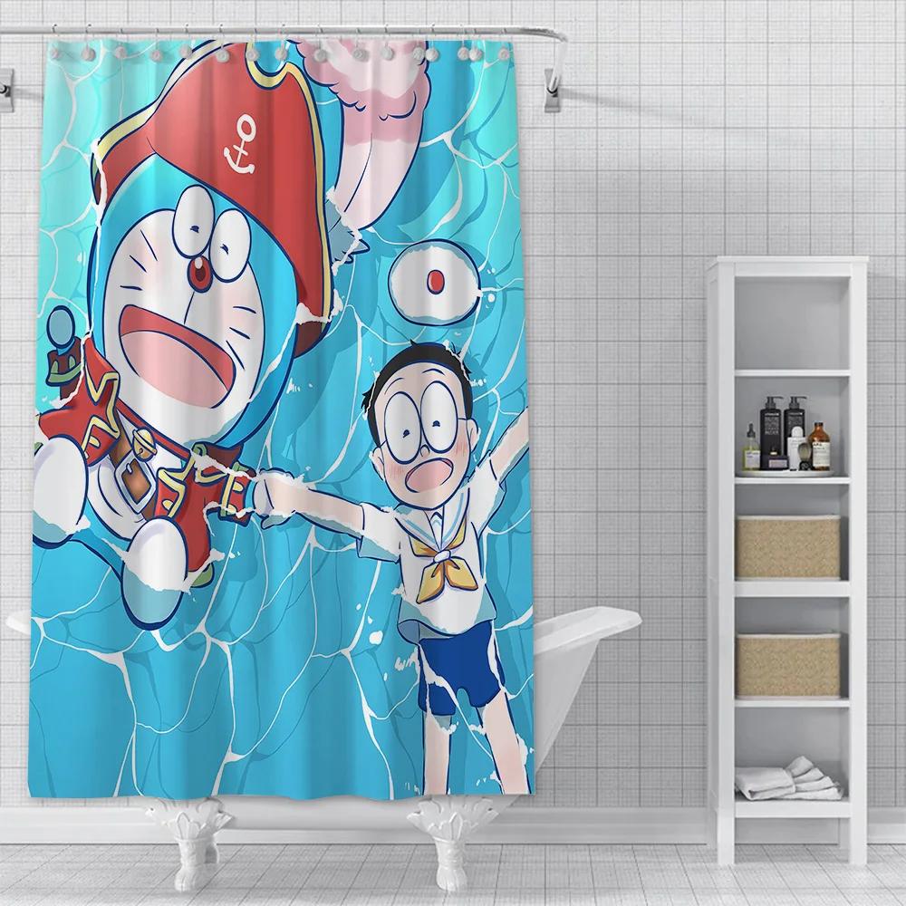 PO01 Lovely Cartoon D-Doraemons Shower Curtain Waterproof Polyester Fabric Bath Curtains Home Bathroom Decor Curtain With Hook