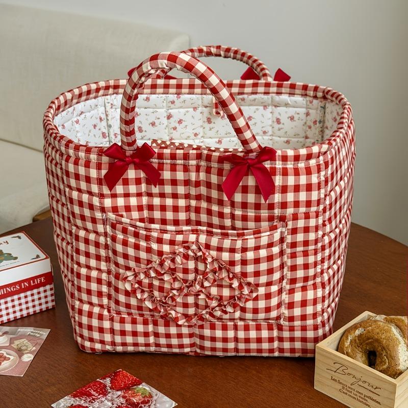 Vermilion Plaid Storage Basket with Stone Handles, Ins Style Portable Organizer for Bathroom Laundry & Sundries