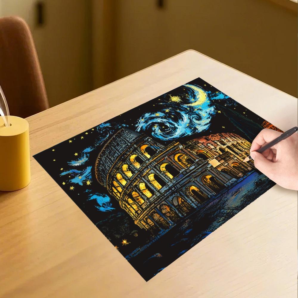 4Pcs/Set A3 Diy Scratch Painting Set Colosseum Forbidden City Cherry Blossom Castle Night View Laser Scratch Art Drawing Toys