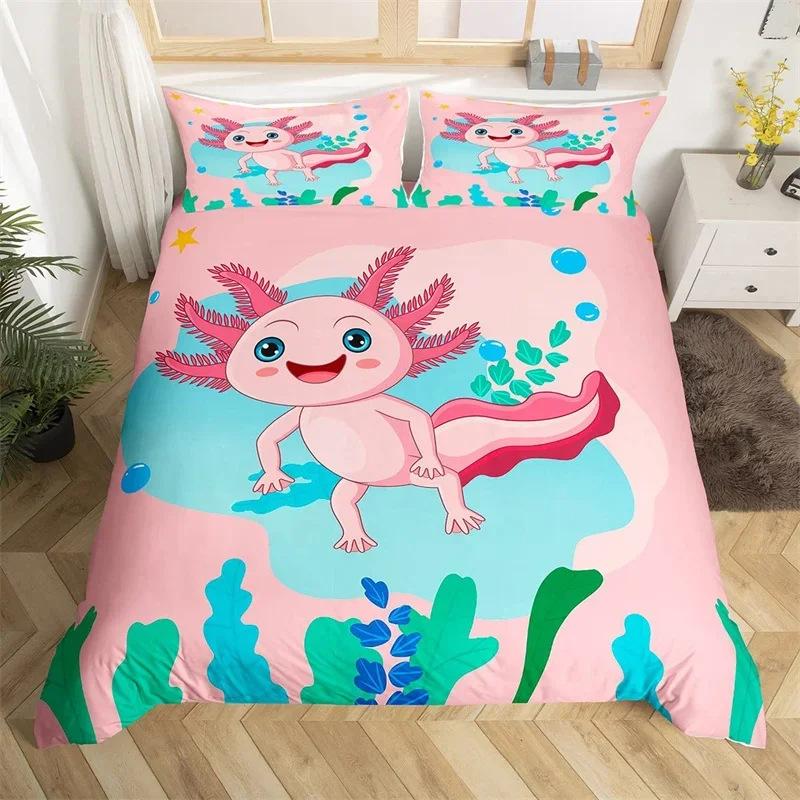 Cartoon Salamander Bedding Set, Maple Leaf Duvet Set, Microfiber Marine Life Three-piece Set.