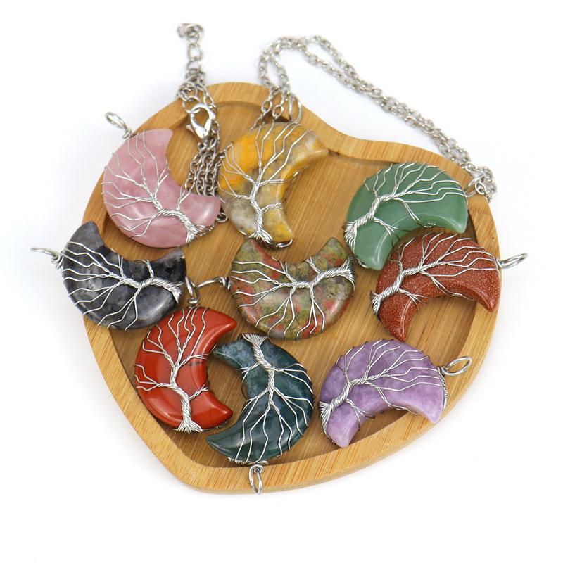 Natural Stone Amethyst Moon Tree Of Life Pendant Necklace, Wound And Wound Handmade Fortune Tree Crystal Necklace N571