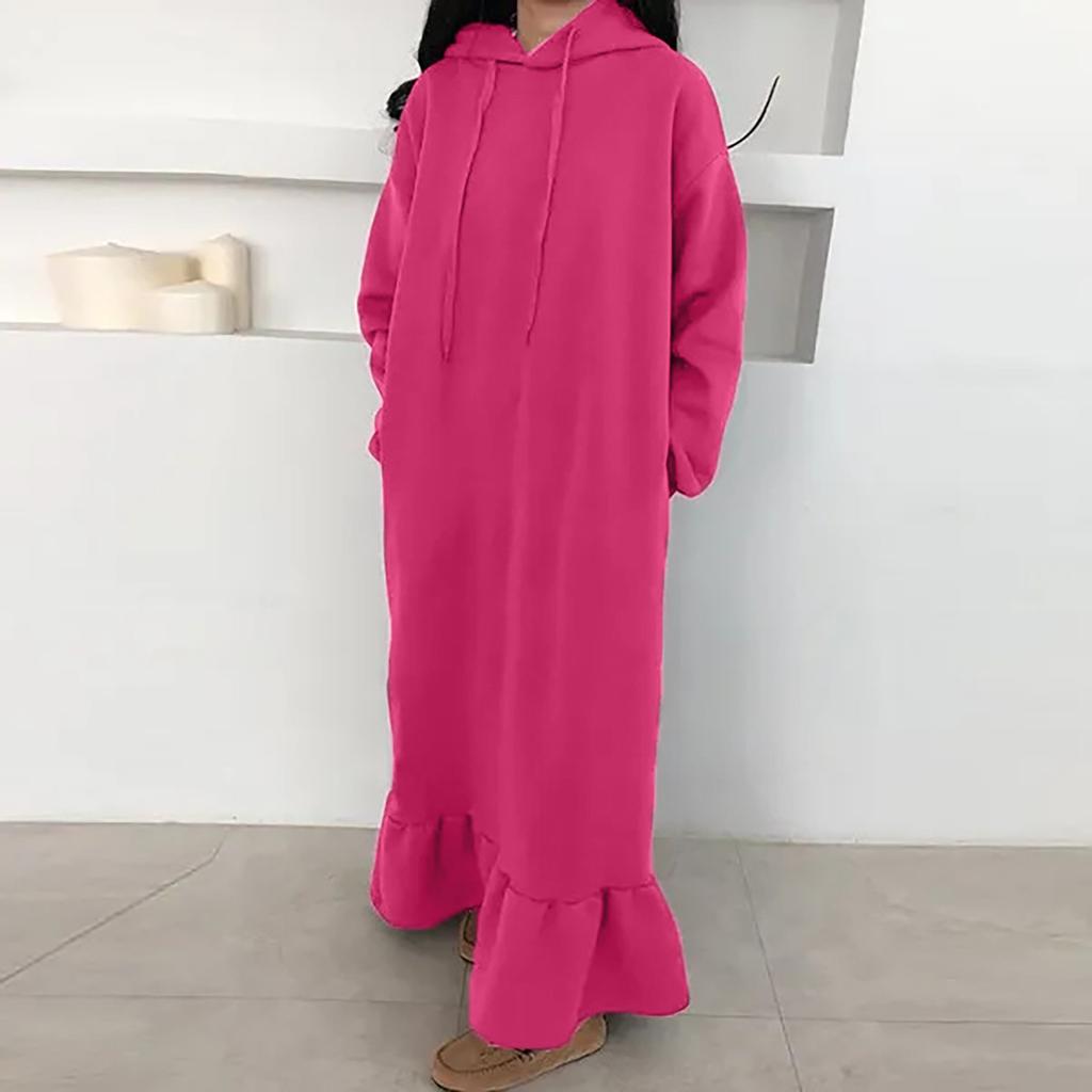 Women's Casual Color Long Sleeve Pocket Plush Hooded Dress